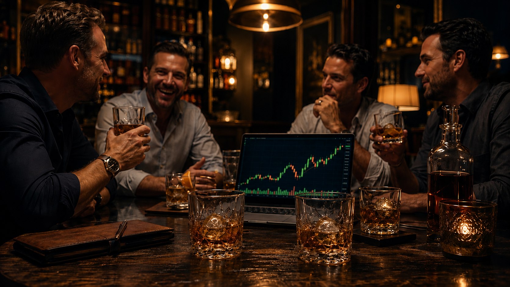 Members of the club debating a chart over a pour of whiskey